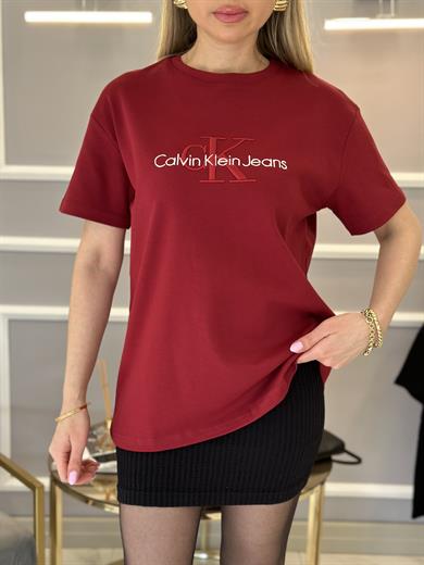 Cnk T-shirt Nakış Yazılı Bordo