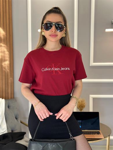 Cnk T-shirt Nakış Yazılı Bordo