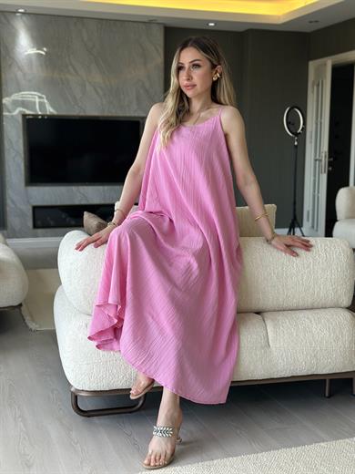 Elbise Naturel İçi Astarlı Uzun Pembe