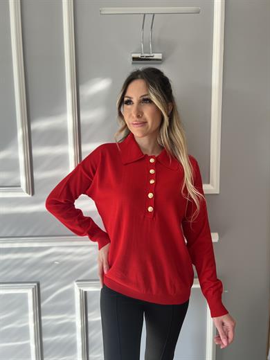 Gold Düğmeli Polo Yaka Triko Kırmızı