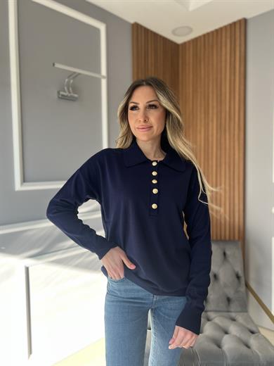 Gold Düğmeli Polo Yaka Triko Lacivert