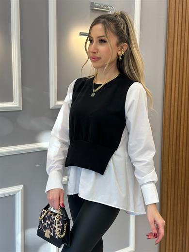 Gömlek Detaylı Süveter Siyah Beyaz Mix