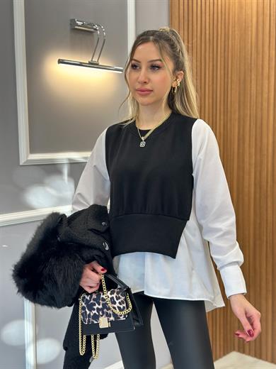 Gömlek Detaylı Süveter Siyah Beyaz Mix