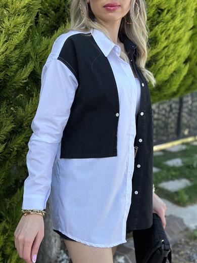 Gömlek Jeans Detaylı Çift Renk Siyah-Beyaz