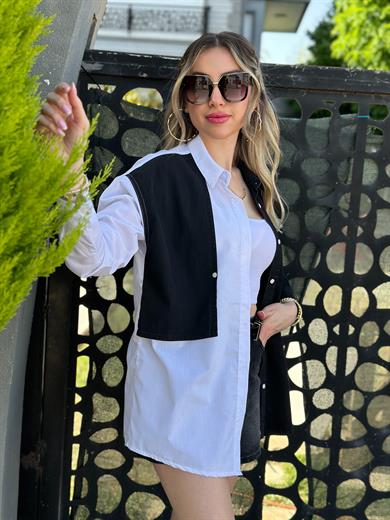 Gömlek Jeans Detaylı Çift Renk Siyah-Beyaz