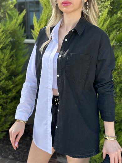Gömlek Jeans Detaylı Çift Renk Siyah-Beyaz