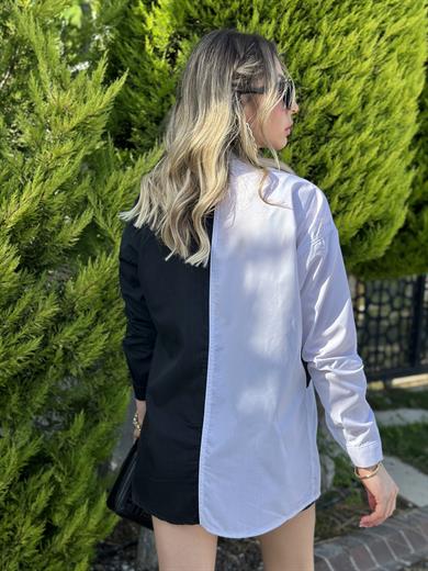 Gömlek Jeans Detaylı Çift Renk Siyah-Beyaz