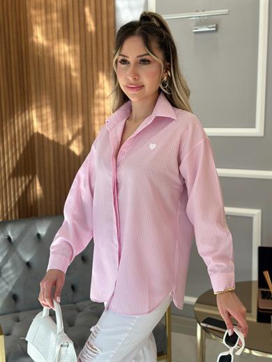 Gömlek Oversize Kalpli Çizgili Pembe