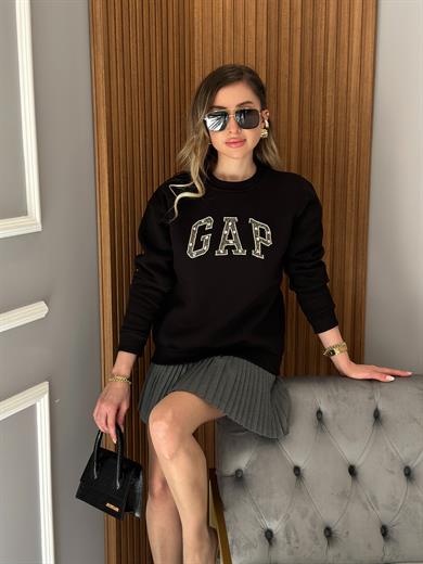 Gp Premium Sweatshirt Taşlı Yazı Detaylı Siyah