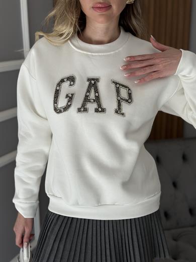 Gp Premium Sweatshirt Taşlı Yazı Detaylı Ekru