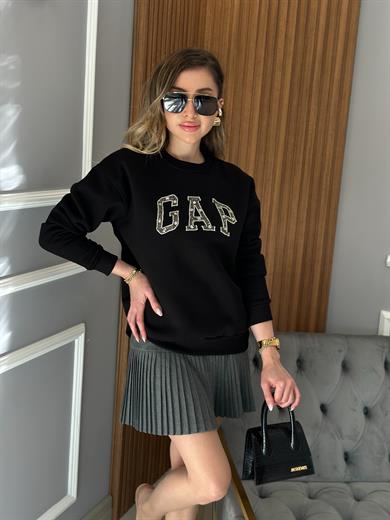 Gp Premium Sweatshirt Taşlı Yazı Detaylı Siyah