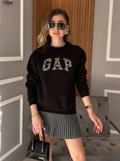 Gp Premium Sweatshirt Taşlı Yazı Detaylı Siyah