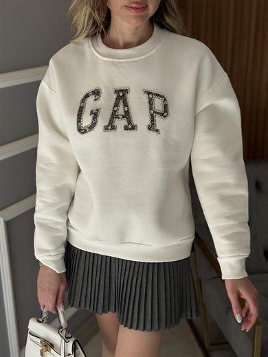 Gp Premium Sweatshirt Taşlı Yazı Detaylı Ekru