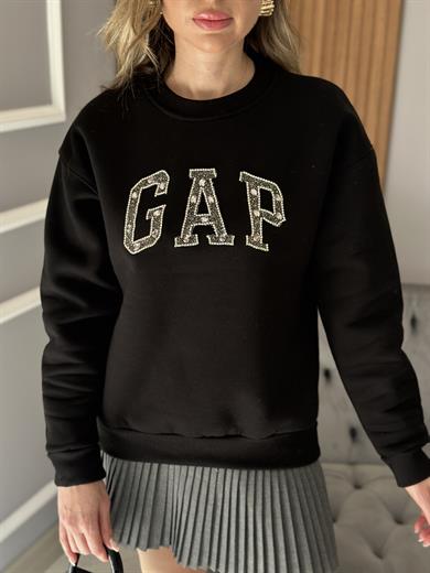 Gp Premium Sweatshirt Taşlı Yazı Detaylı Siyah