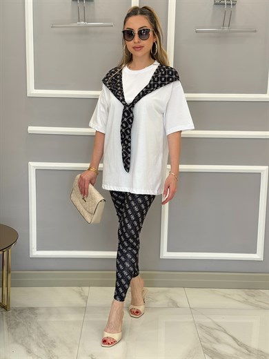 Gu Fularlı Oversize Tişört Siyah 