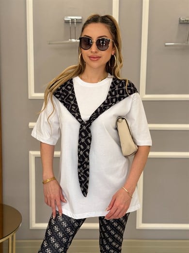 Gu Fularlı Oversize Tişört Siyah 