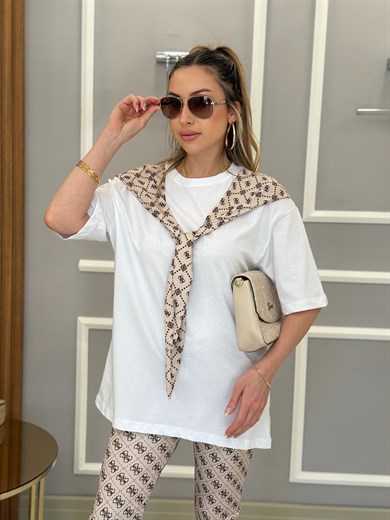 Gu Fularlı Oversize Tişört Vizon