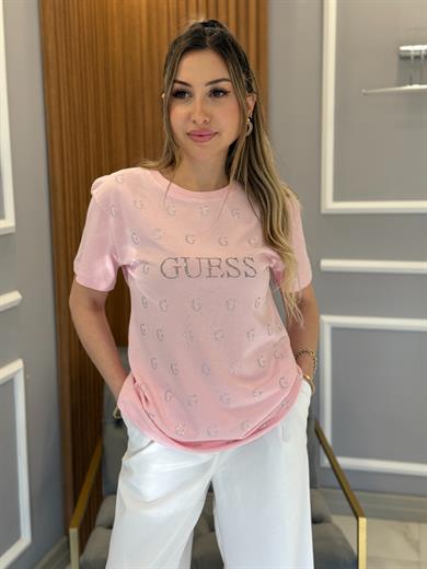 Gu Harf Taşlı Premium Tişört Pembe