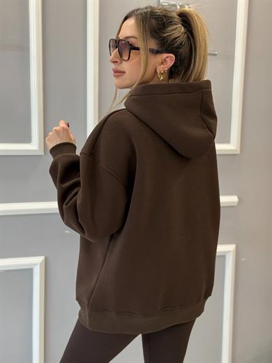 Gu Kapşonlu Kabartma Yazılı Kahverengi Sweatshirt