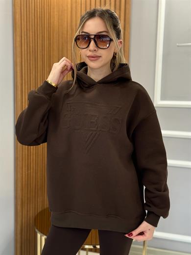 Gu Kapşonlu Kabartma Yazılı Kahverengi Sweatshirt