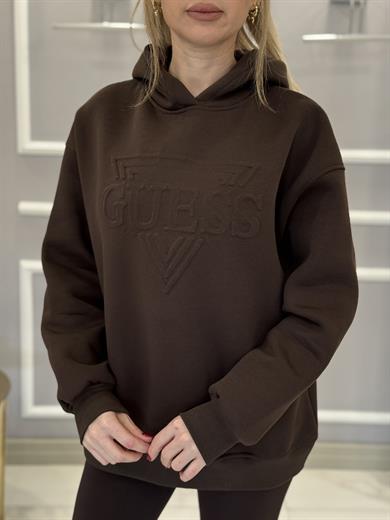 Gu Kapşonlu Kabartma Yazılı Kahverengi Sweatshirt