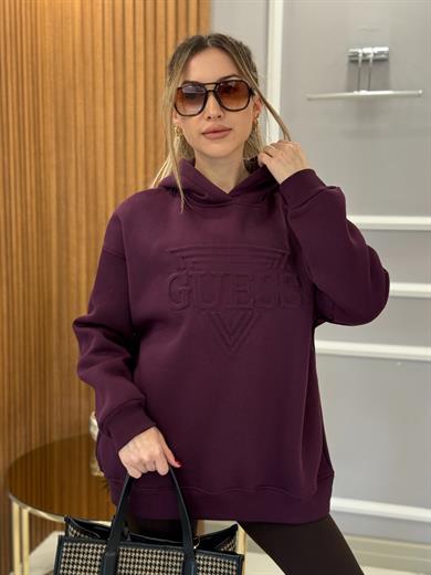 Gu Kapşonlu Kabartma Yazılı  Mürdüm Sweatshirt