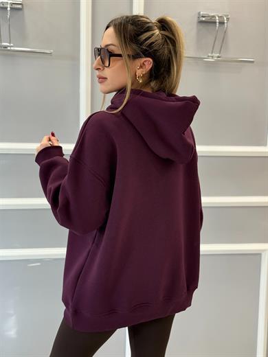 Gu Kapşonlu Kabartma Yazılı  Mürdüm Sweatshirt