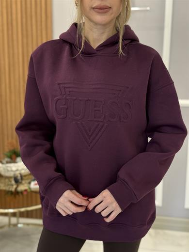 Gu Kapşonlu Kabartma Yazılı  Mürdüm Sweatshirt