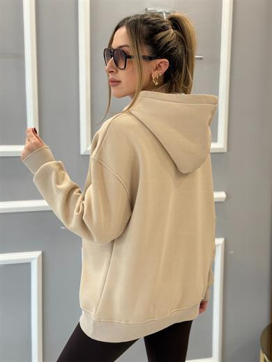 Gu Kapşonlu Kabartma Yazılı Vizon Sweatshirt