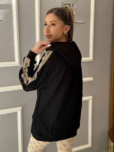 GU Kapüşonlu Kol Detaylı Boyu 70 cm Siyah Sweat