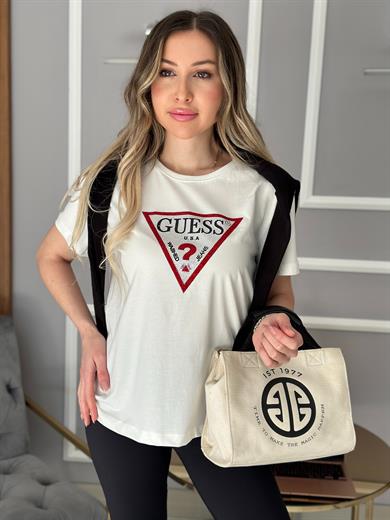 Gu Kırmızı Silver Taş Detaylı  Ekru T-shirt