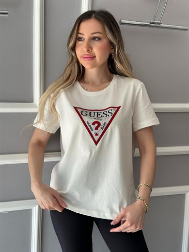 Gu Kırmızı Silver Taş Detaylı  Ekru T-shirt