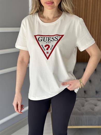 Gu Kırmızı Silver Taş Detaylı  Ekru T-shirt