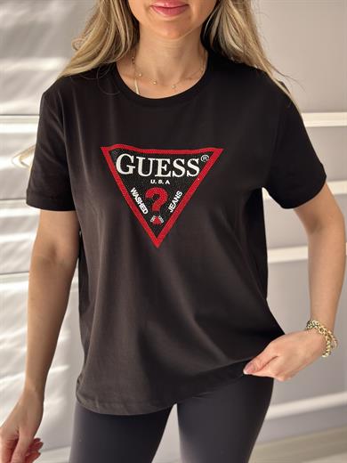 Gu Kırmızı Silver Taş Detaylı Siyah T-shirt