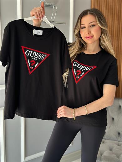 Gu Kırmızı Silver Taş Detaylı Siyah T-shirt