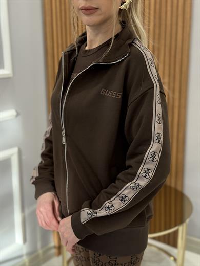Gu Kol Detaylı Ceket Sweat Fermuarlı Boyu 65 cm Kahverengi