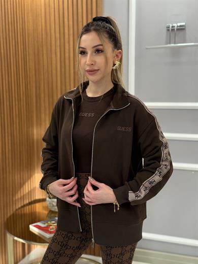 Gu Kol Detaylı Ceket Sweat Fermuarlı Boyu 65 cm Kahverengi