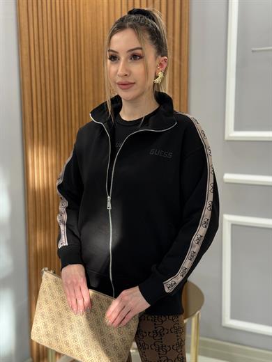 Gu Kol Detaylı Ceket Sweat Fermuarlı Boyu 65 cm Siyah