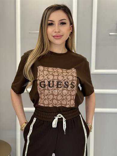 Gu Premium Desen Detaylı Kahverengi Tişört 