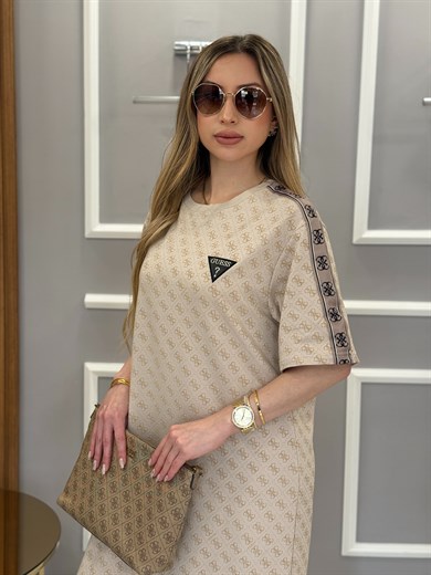 Gu Premium Kendinden Desenli Kol Detaylı Boyu 120cm Vizon Elbise