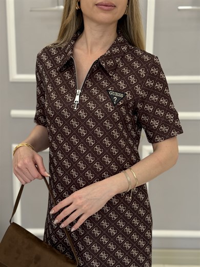 Gu Premium Kendinden Desenli Yakalı Boyu 83cm Kahverengi Elbise 