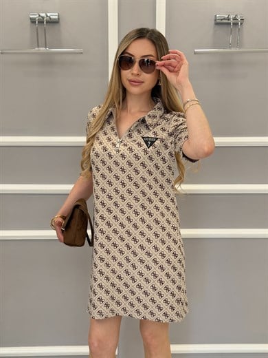 Gu Premium Kendinden Desenli Yakalı Boyu 83cm Vizon Elbise 