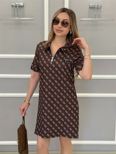 Gu Premium Kendinden Desenli Yakalı Boyu 83cm Kahverengi Elbise 