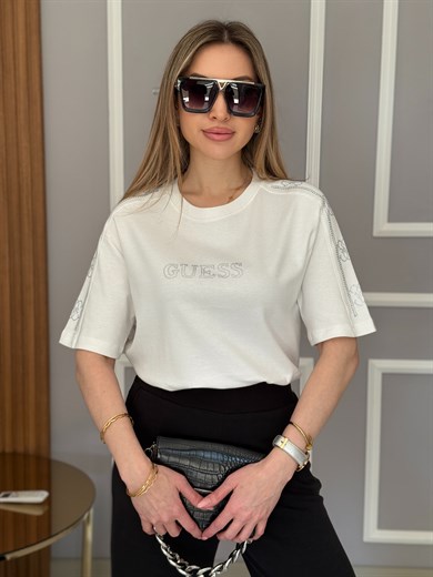 Gu Premium Kol Taş Detaylı Beyaz Tişört 