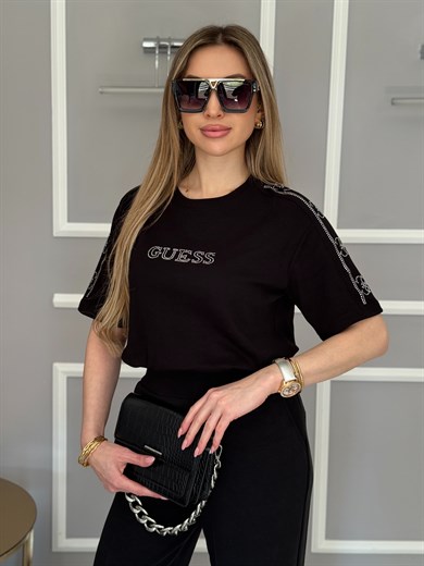 Gu Premium Kol Taş Detaylı Siyah Tişört 