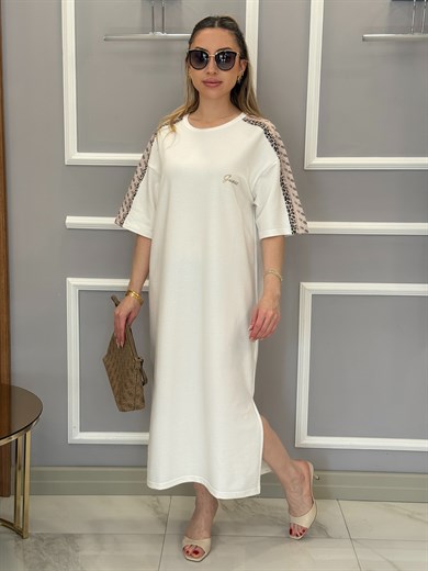 Gu Premium Kol Yan Geçişli  Boyu 118cm Beyaz Elbise 