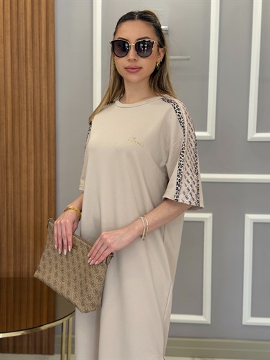 Gu Premium Kol Yan Geçişli  Boyu 118cm Vizon Elbise 