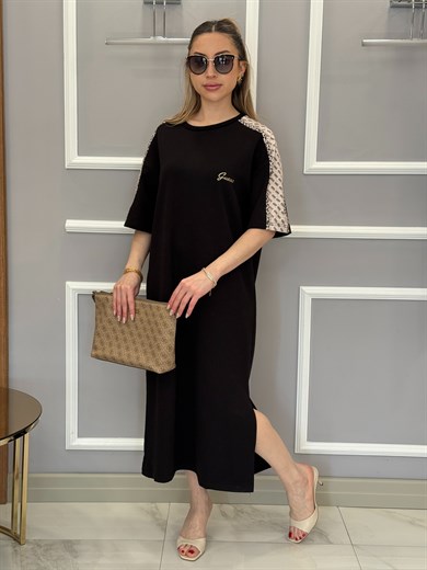 Gu Premium Kol Yan Geçişli  Boyu 118cm Siyah Elbise 