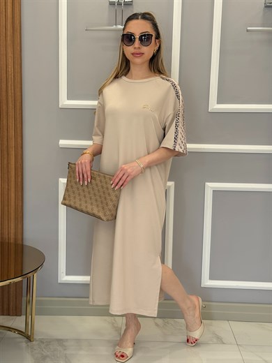 Gu Premium Kol Yan Geçişli  Boyu 118cm Vizon Elbise 