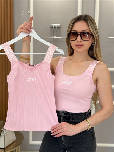 Gu Premium Likralı Pembe Atlet Bluz Askısı Yazılı 